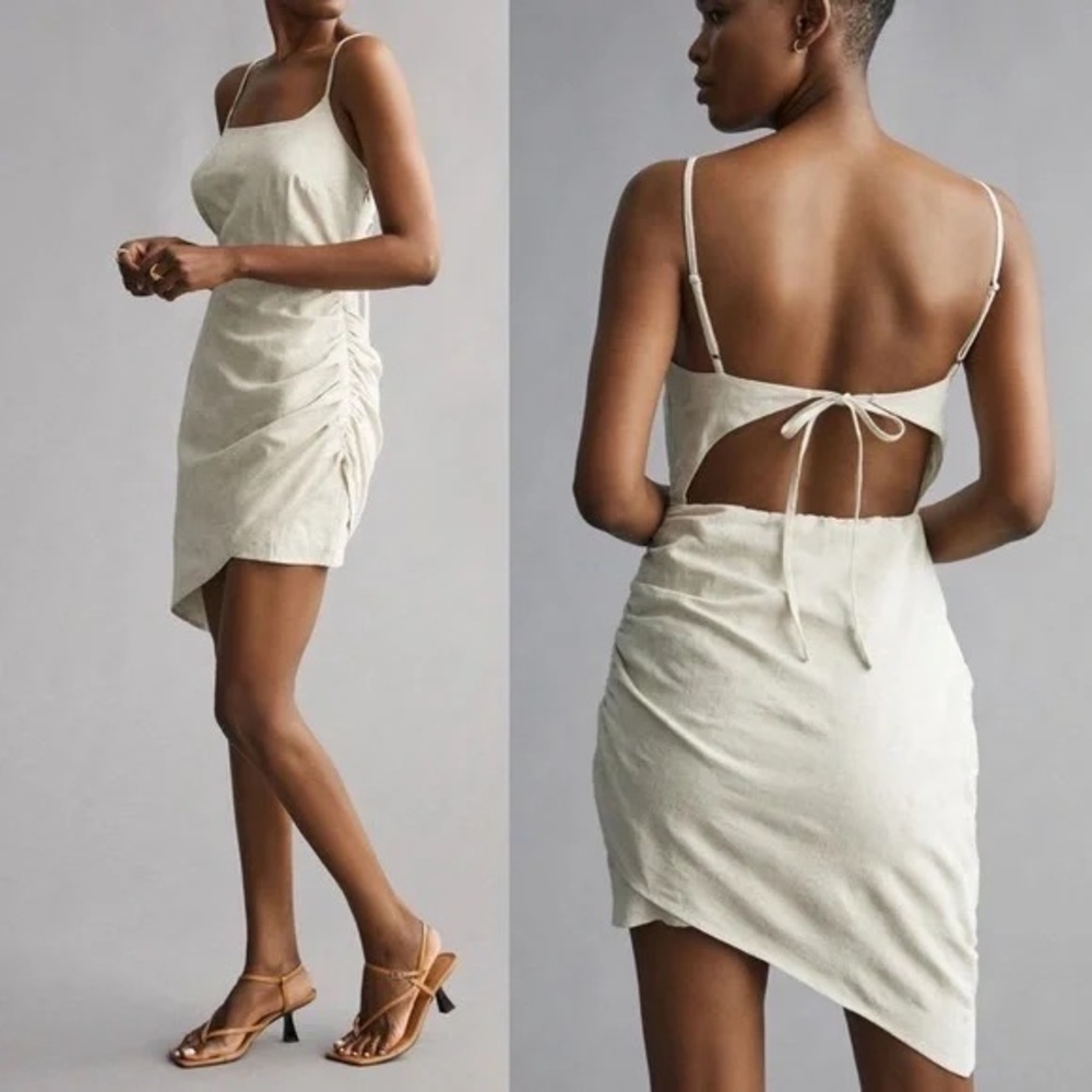 Anthropologie Ivory Ruched Asymmetrical Mini Dress